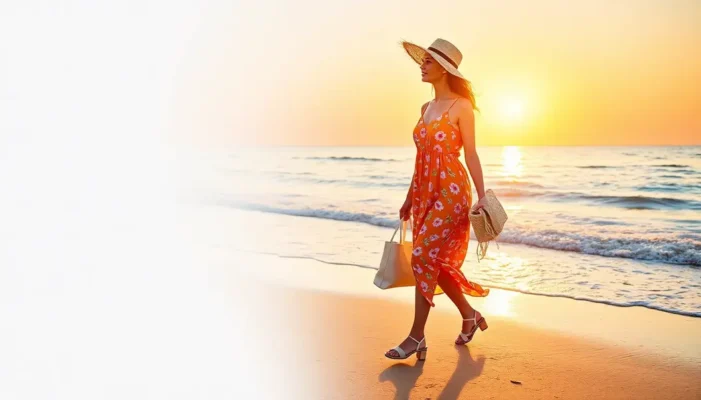 A woman in beachwear including a sundress, sandals, and a hat walking along the shore at sunset.