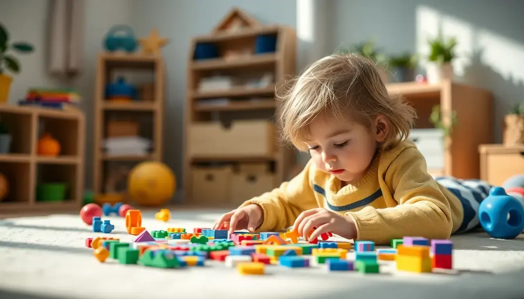 A child fully engaged with an assortment of sensory toys.