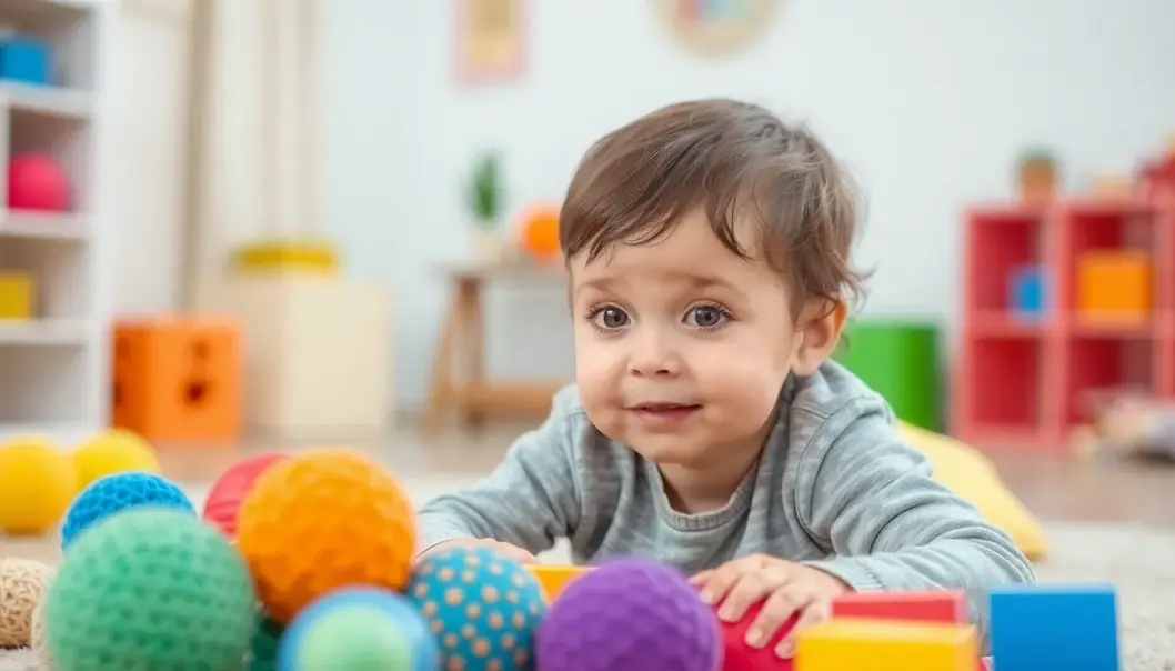 A child fully engaged with an assortment of sensory toys.