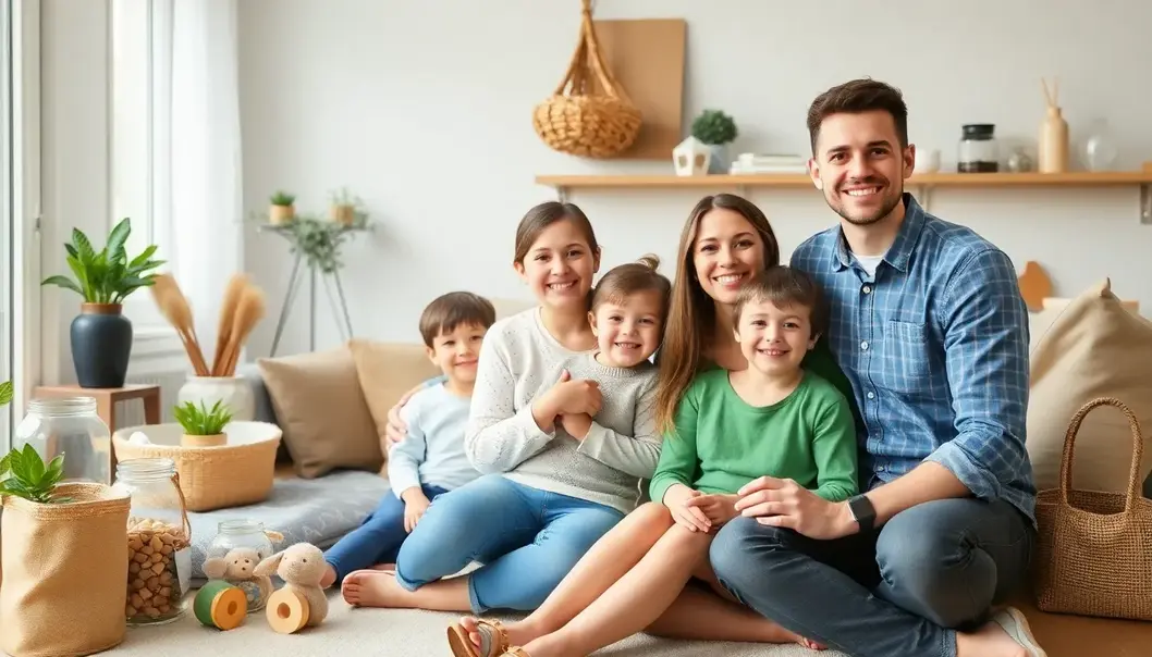 Family in a zero-waste home with sustainable products.