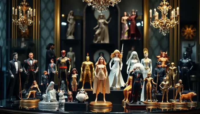 An elegant arrangement of luxurious collectible figures showcasing artistic detail and rarity.
