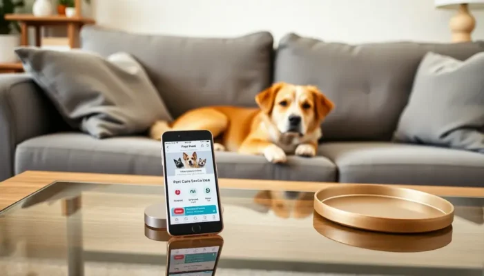 A dog resting on a couch in a living room with a smartphone on a coffee table showing pet care services.