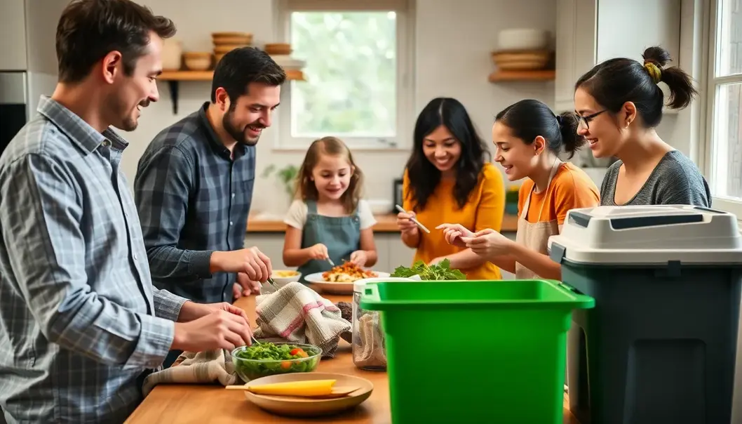 A family enjoying a zero-waste cooking session in a clutter-free kitchen.