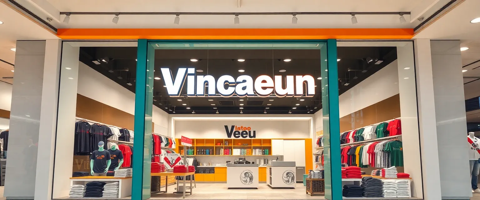 A realistic, high-resolution indoor photograph of a modern custom T-shirt store inside a shopping mall. The storefront is made of large transparent glass walls, just like a typical mall shop. The color theme of the store is orange and white, replacing the original teal and black tones.